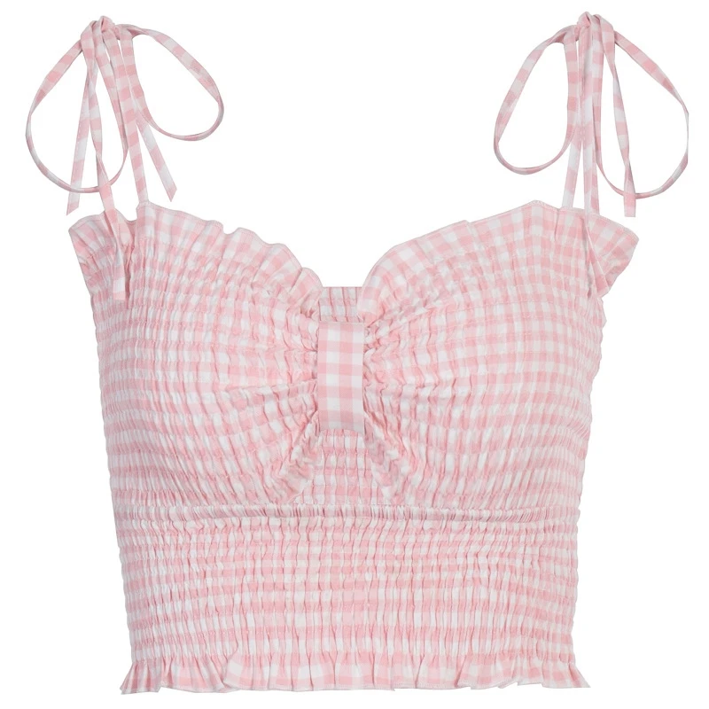 

2021 Summer Women Sweet Fungus Side Folds Hollow Bow Camisole Casual Fashion Kawaii Vest Lace-up Collar Ruffled Hemm Crop Top
