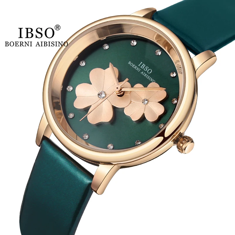 Женские наручные часы IBSO Стразы с циферблатом, Роскошные зеленые наручные часы из нержавеющей стали/кожи с 3d-рисунком клевера, подарки для женщин