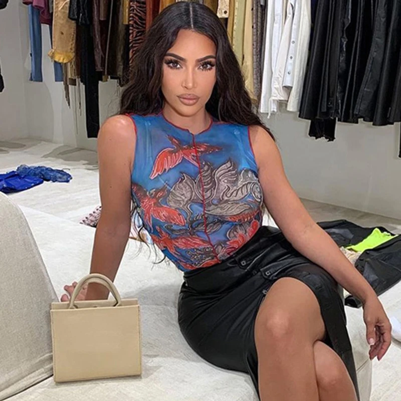 

Sexy Mesh Tank Tops Elegant Tanks Print Fashion Crop Top Slim 2021 Casual Women Female Sexy & Club Blue Short Sleeveless Lurebuy