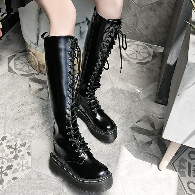 Рок панк Готик сапоги женская обувь женские на платформе из лакированной кожи