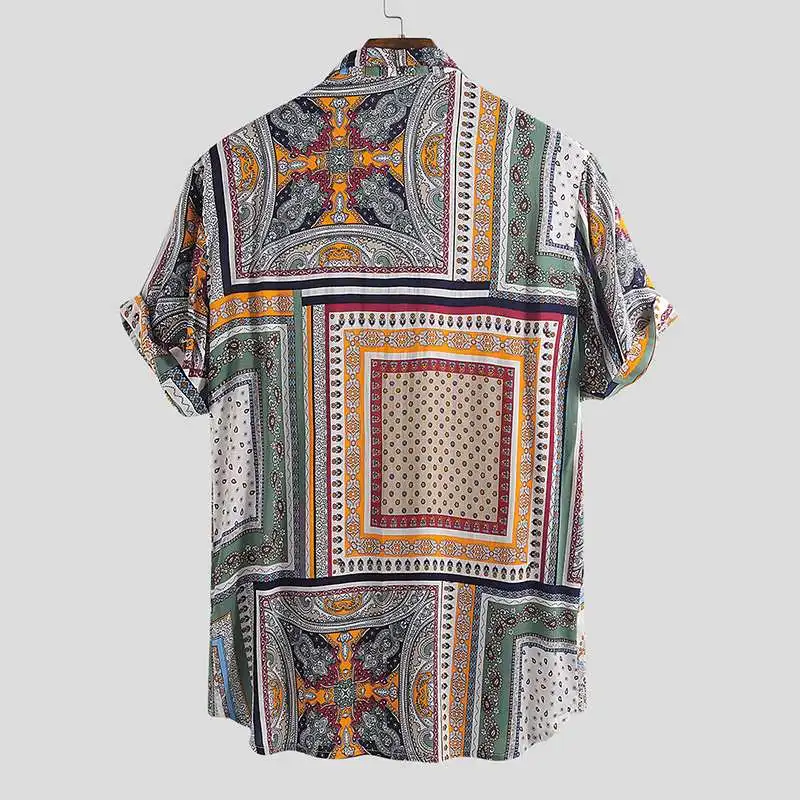 2020 Summer Vintage Ethnic Style Men Shirt Loose Printing Button High Quality Short Sleeve Vacation Beach Hawaiian Shirts Camisa