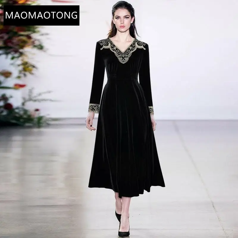 

Women's Clothing Fashion Dress Spring Women Dress V-neck Long Sleeve Vintage Embroidery Velvet Elastic Waist Dresses