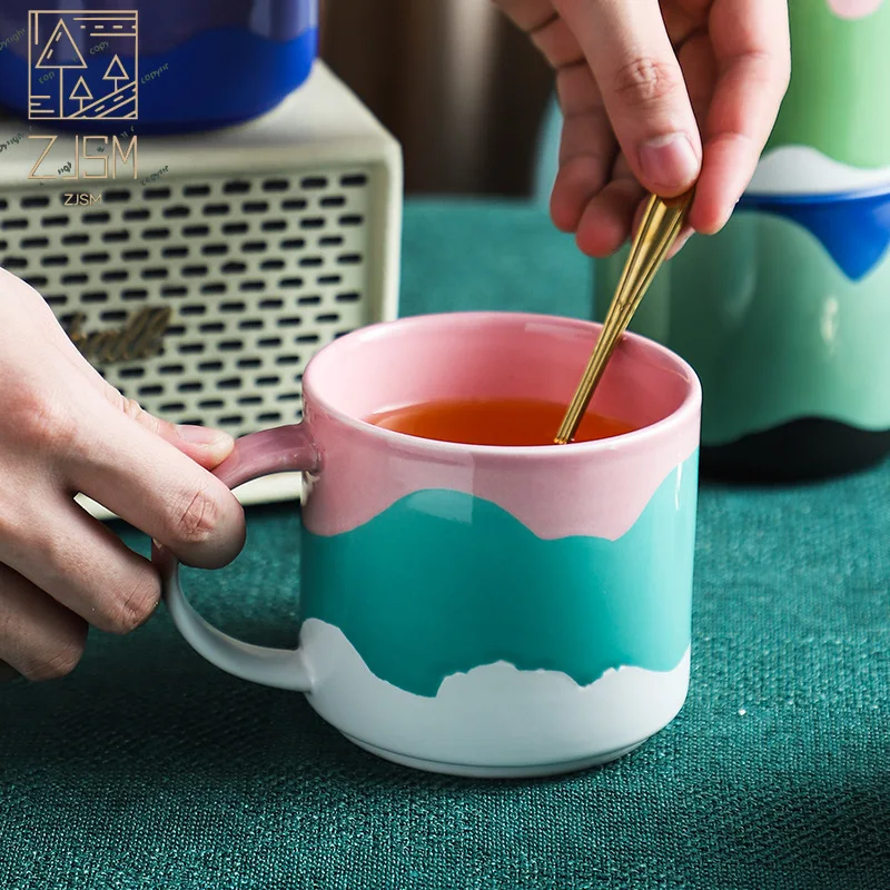 

Cute life Nordic Cute Painted Ceramic Tea Mug Cup Milk Coffee Juice Vintge Cup Heat Insulation Water Reusable Cup With Handle