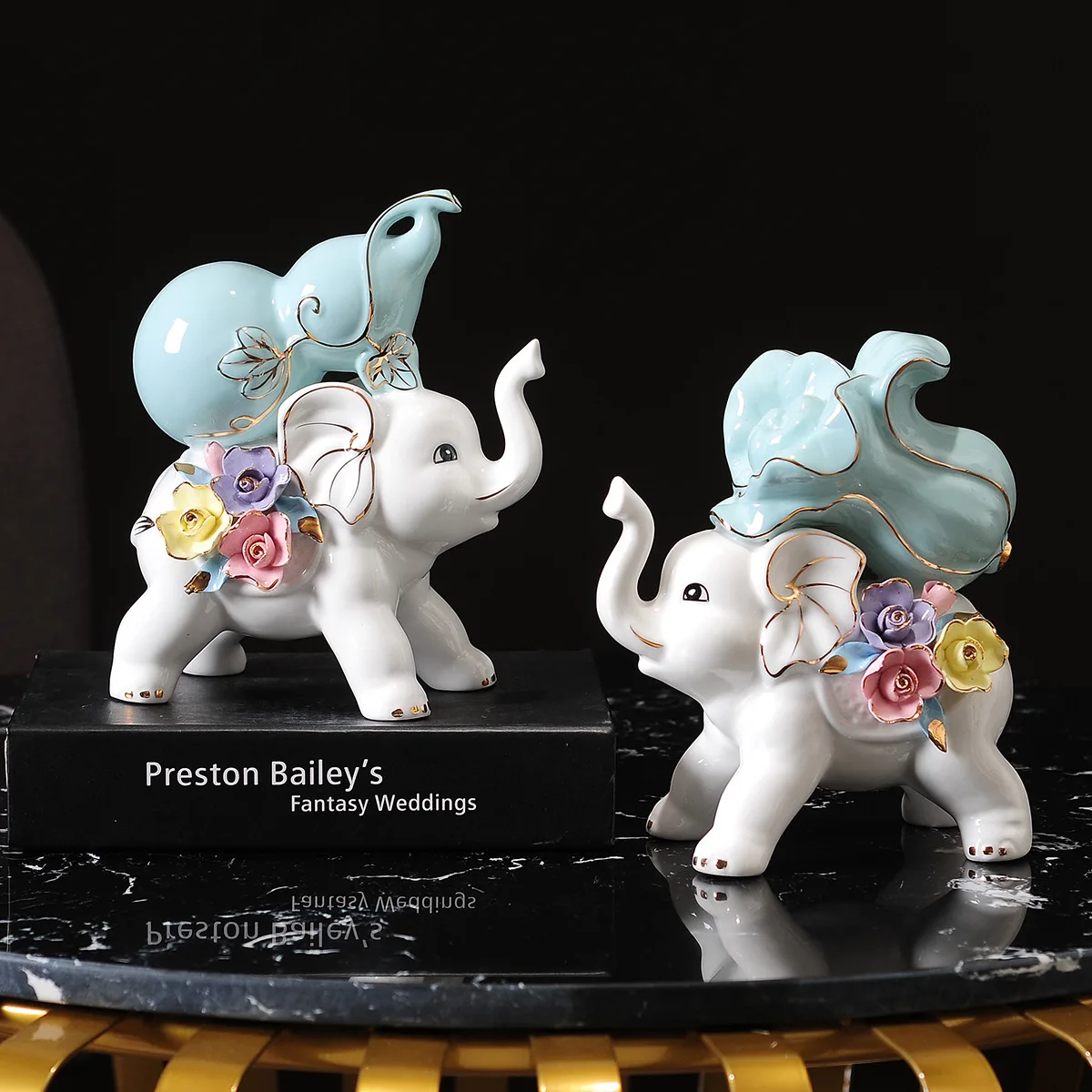 

Одна пара статуй счастливого слона, керамические фигурки животных ручной работы, китайский коллекционный сувенир, новый домашний декор, по...