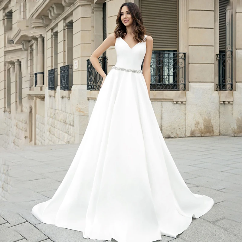 

Eightree V-neck Satin Wedding Dresses 2020 Crystal Belt A-Line Vestido De Noiva Court Train Customized Custom Made Bridal Dress