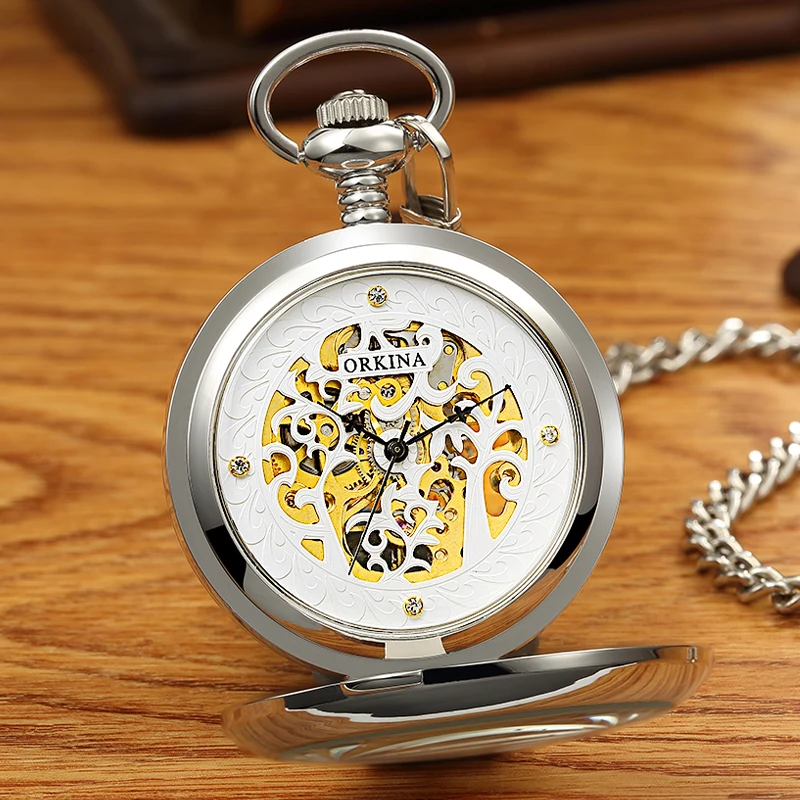 Golden Black Sliver Antique Hollow Automatic Mechanical Pocket Watch FOB Chain Hand Winding Full Steel Sculpture For Men Wome