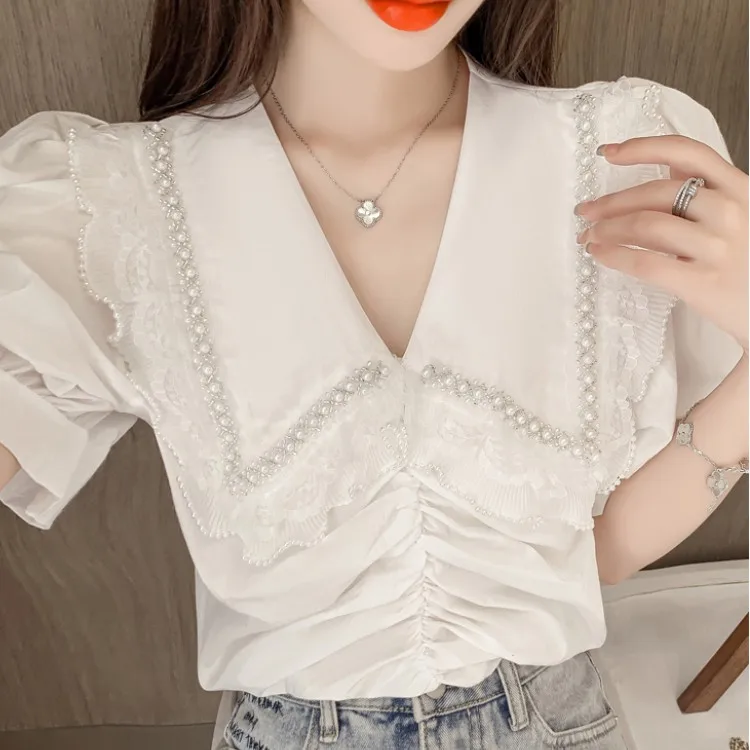 

Korean Blusas Mujer Beading Peter Pan Collar Vintage Short Puff Sleeve Summer Blouses Women Chiffon Tops Sweet Kawaii Shirt 2021