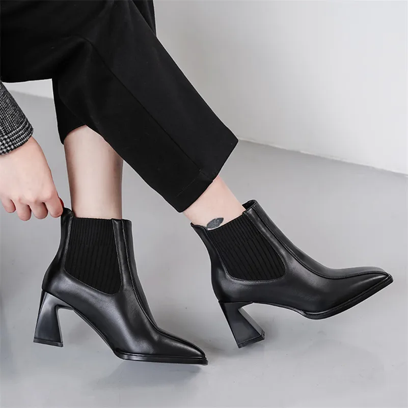 

ANNYMOLI Real Leather High Heel Ankle Boots Chelsea Boots Women Shoes Square Toe Thick Heels Short Boots Ladies Autumn Winter 40