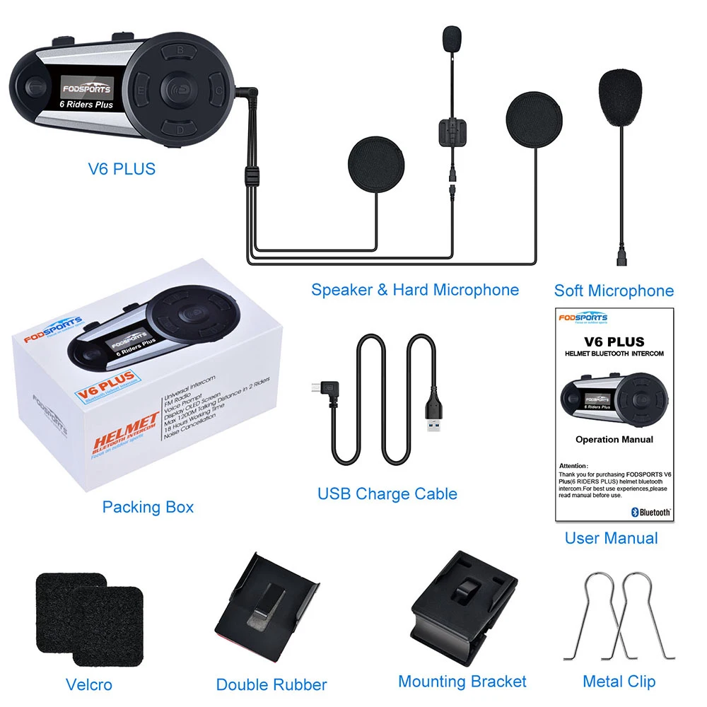Fodsports V6 Plus мотоциклетный шлем Интерком Мото Bluetooth шлем гарнитура 6 гонщиков 1200 м BT Intercomunicador FM светодиодный