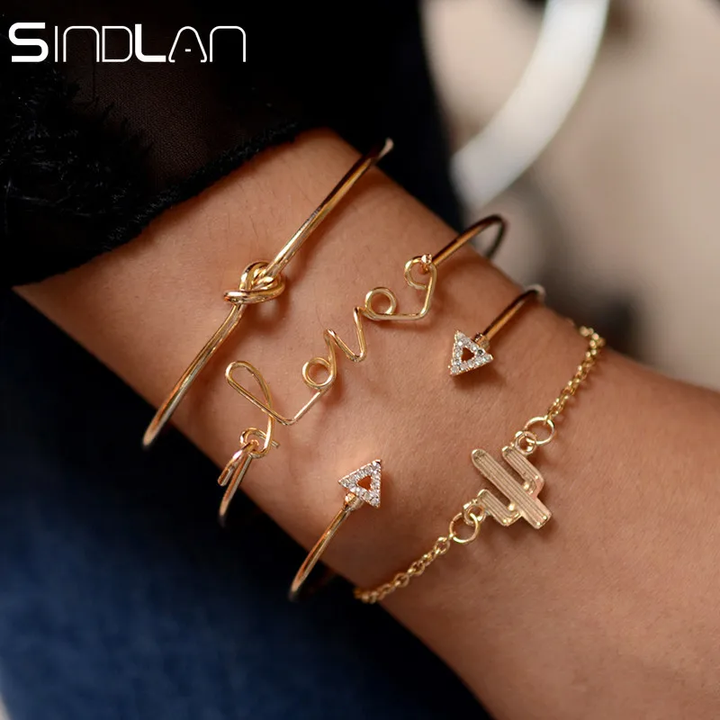 Sindlan, 4 шт., любовные буквы, кактус, браслеты для женщин, Boho, открытые браслеты, золотая цепочка на запястье, кристалл, узел, браслеты на руку, ювелирное изделие