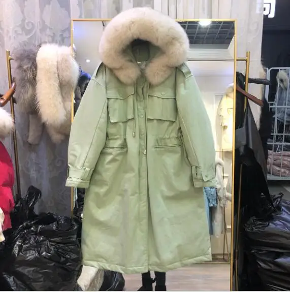 light green Настоящий воротник из натурального меха-30 градусов зимняя женская куртка пальто с капюшоном Толстая теплая зимняя длинная пуховая парка белая куртка на утином пуху - Цвет: light green