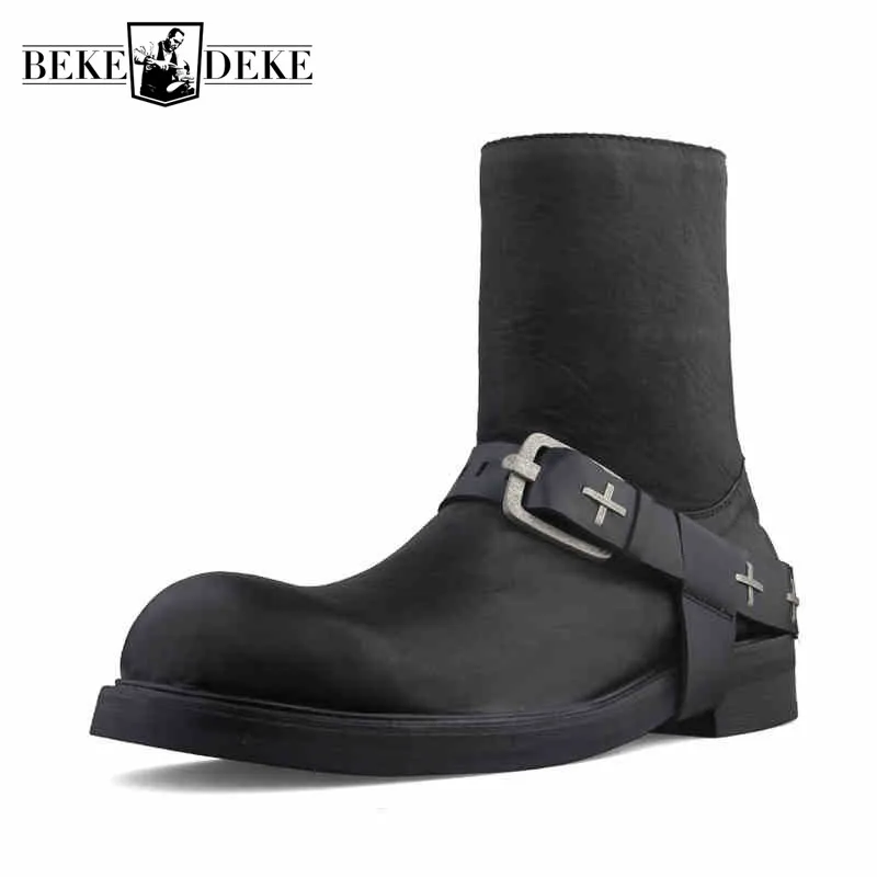 Роскошные Мужские ботинки в стиле панк с круглым носком из натуральной кожи