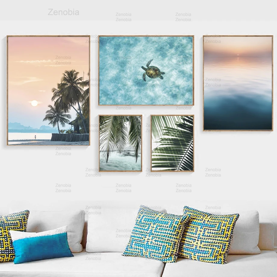

Landscape Quotes Canvas Painting Palm Leaf Turtle Beach Nordic Posters and Prints Wall Art Pictures for Living Room Decoration