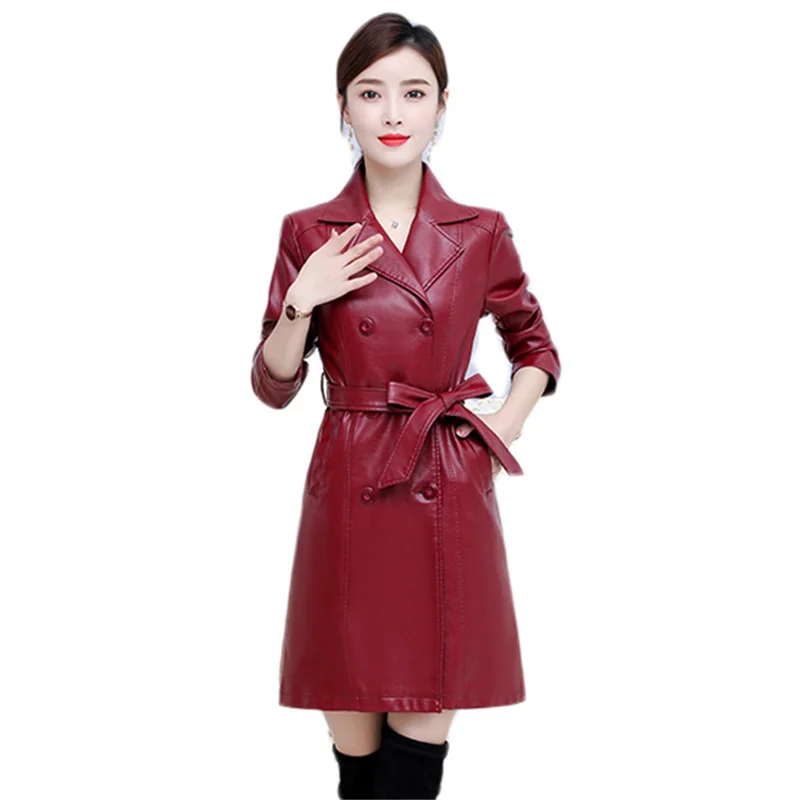 Leather Jacket Women Wine Red S-7XL 2021 Winter New Fashion Slim Long Faux Leather Plus Cotton Korean Coat Feminina With Belt