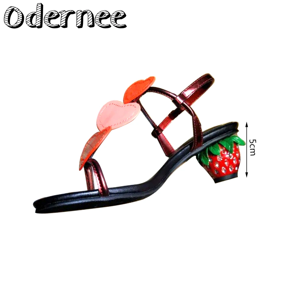 

Fashion Women's Ladies Strawberry Printed Beach Party Shoes Summer Open Toe Low Heel Slip-on Crystal Slippers Sandals Shoes