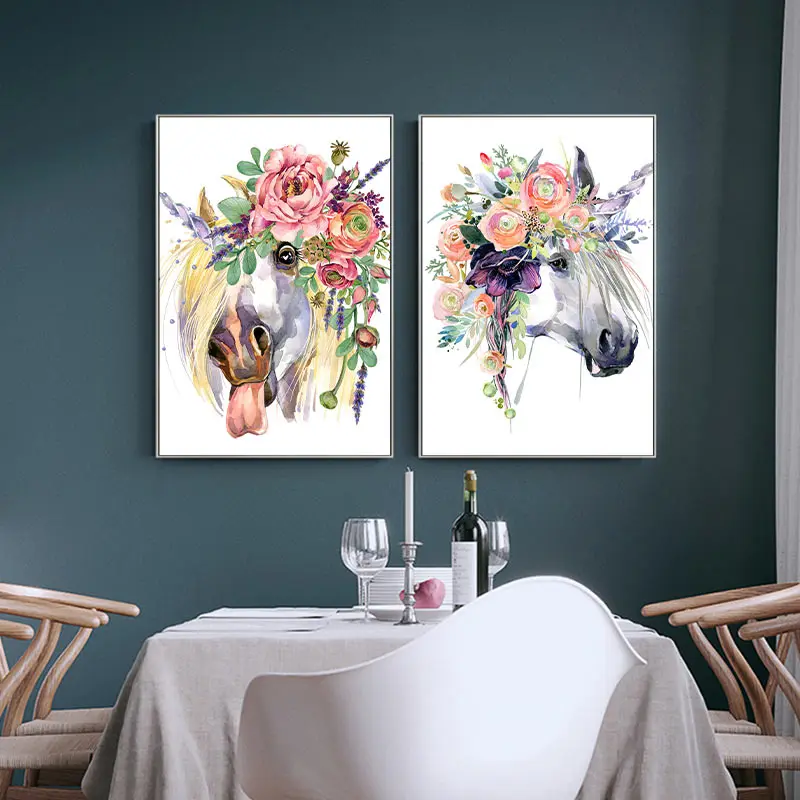 Винтажный стиль цветочный рисунок холст постер лошадь с цветком хижина