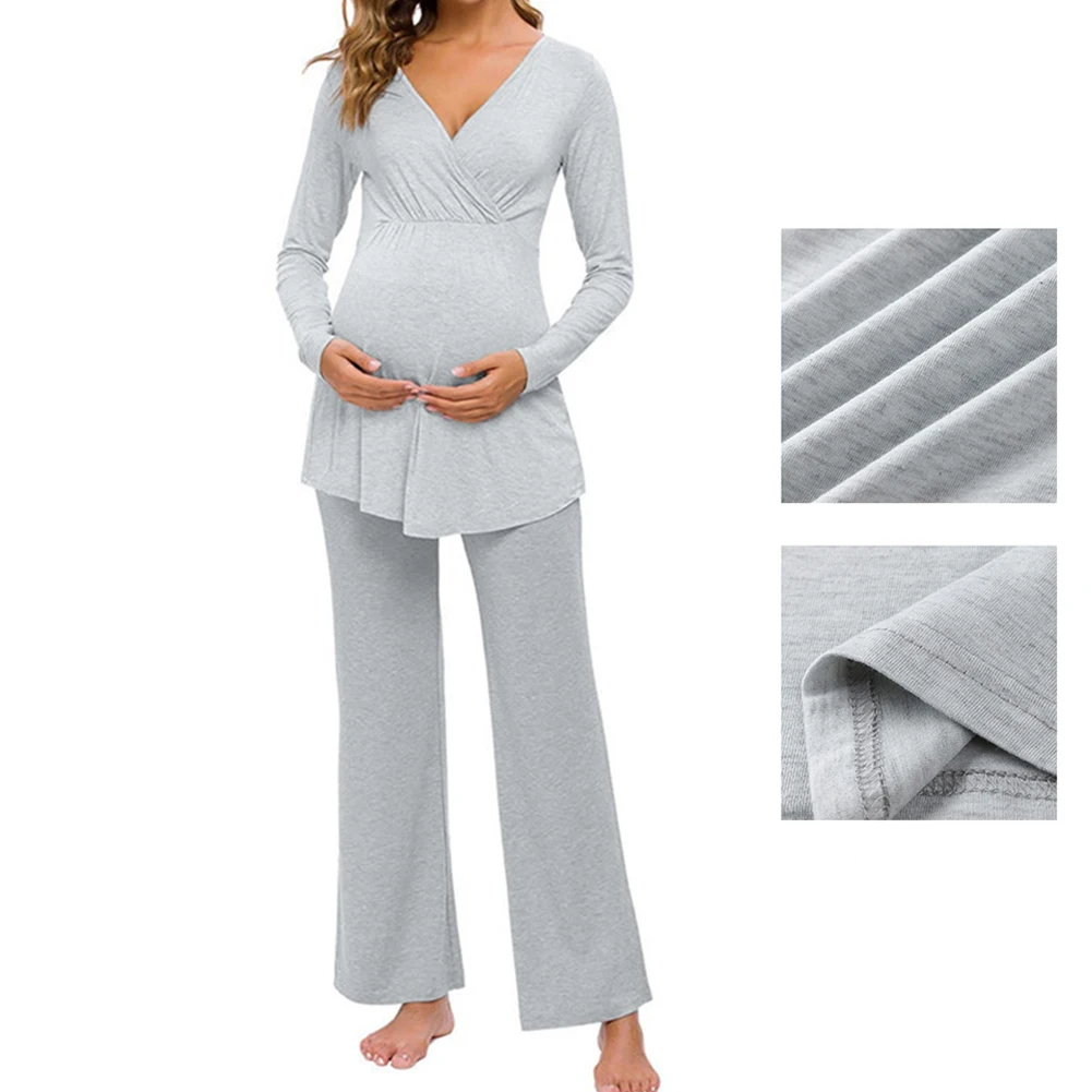 

Women Casual Nursing Pajama Set Spring Tops Pants Double Layer V Neck Long Sleeves For Maternity Comfortable Home Cotton Blend