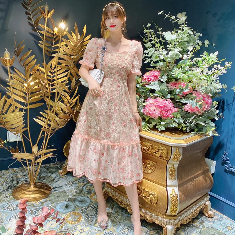 

DIDABOLE Designer Print High Quality New Women'S Elegant Fashion Gorgeous Beading Lace Mesh Patchwork Party Girls Midi Dress