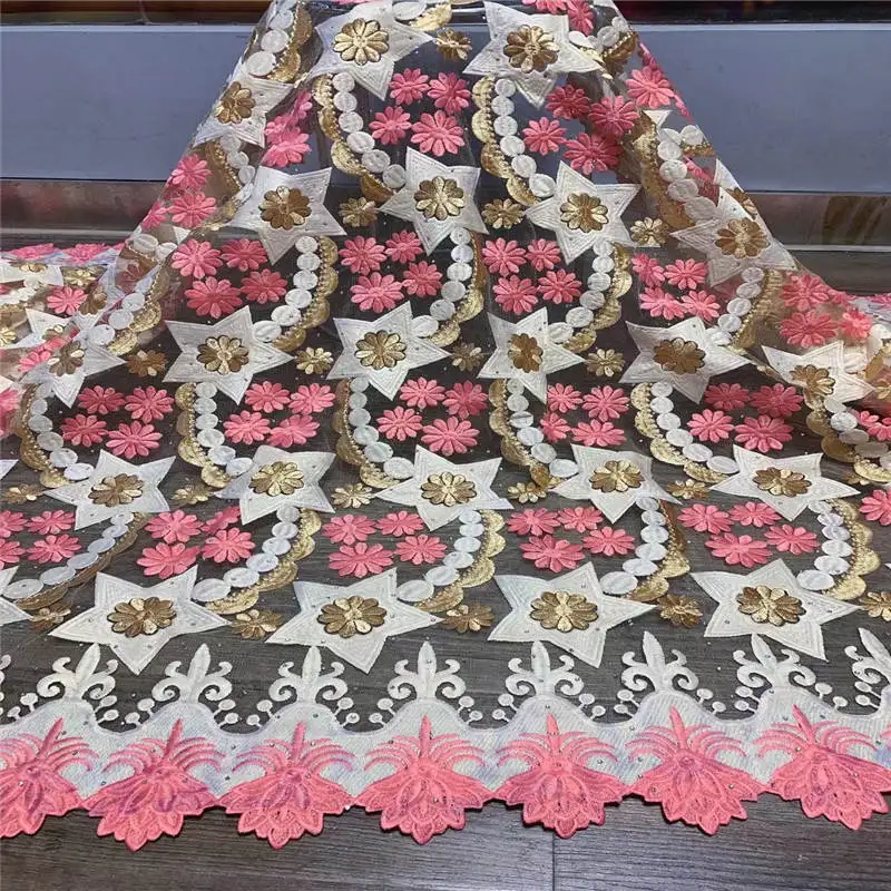 

African Style The Latest Embroidered Net Lace Fabric With Bead For Party Wedding Dress Cloth Material 5 Yards! ZQFN236