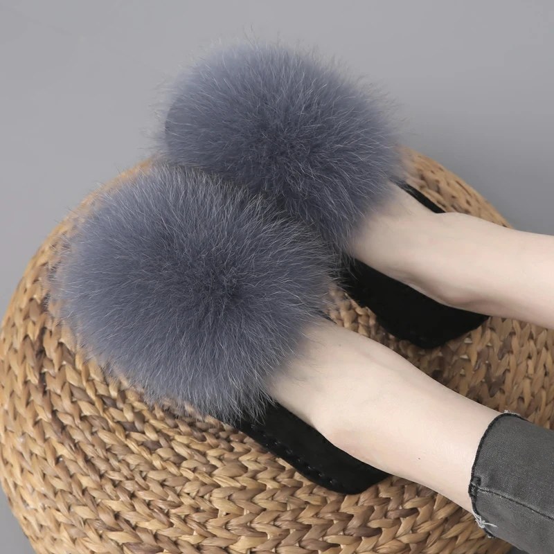 2019 Newest fox fur ball platform shoes women thick bottom moccasins flats comfort plush slip on lazy creepers furry espadrilles | Обувь