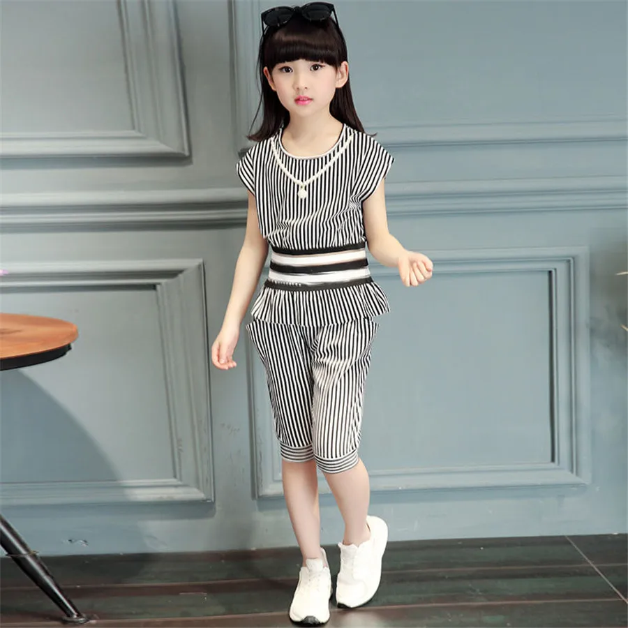 Teenage Children Clothing Tracksuit For Girls Sets Summer Girl Stripe Outfit Suit Kids Clothes 8 10 12 14 Year |