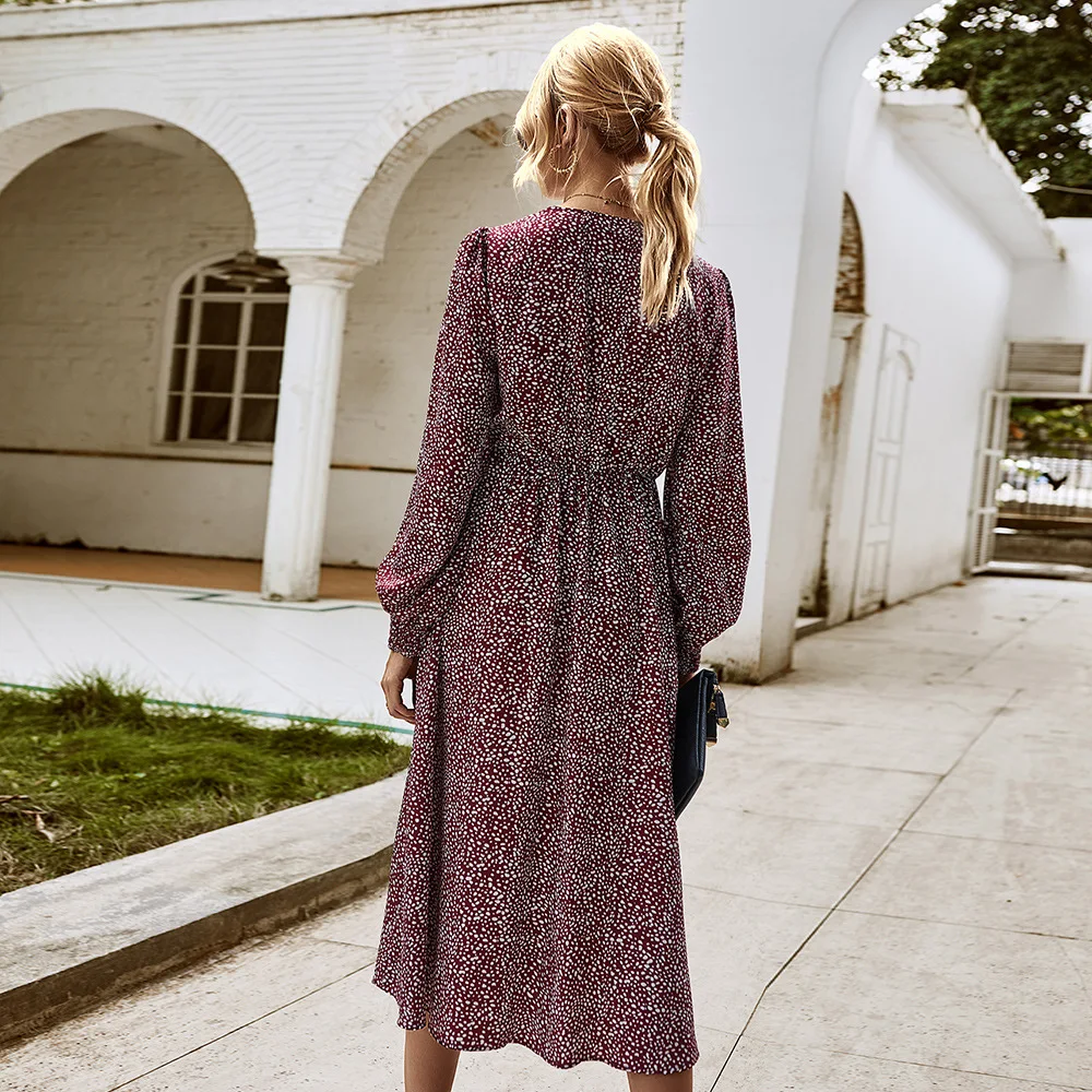 

Casual Floral Long-sleeved Elegant Mid Dresses for Women Red High waist Vintage Women's Boho Dress Summer For new year 2021