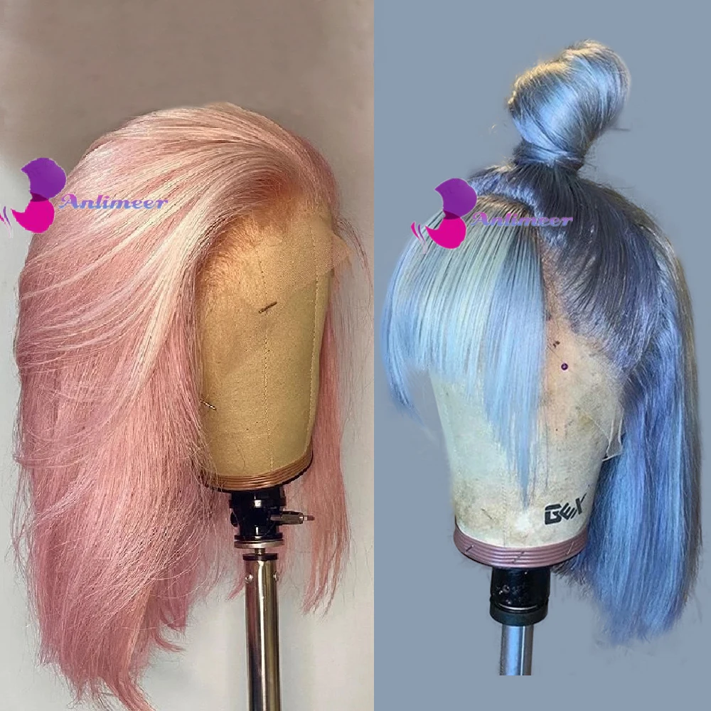 

Brazilian Fringe Blue Silk Straight Bob 13x4/13x6 Lace Front Wig 150% Density of Virgin Human Hair Pink Short Bob Wig for Women