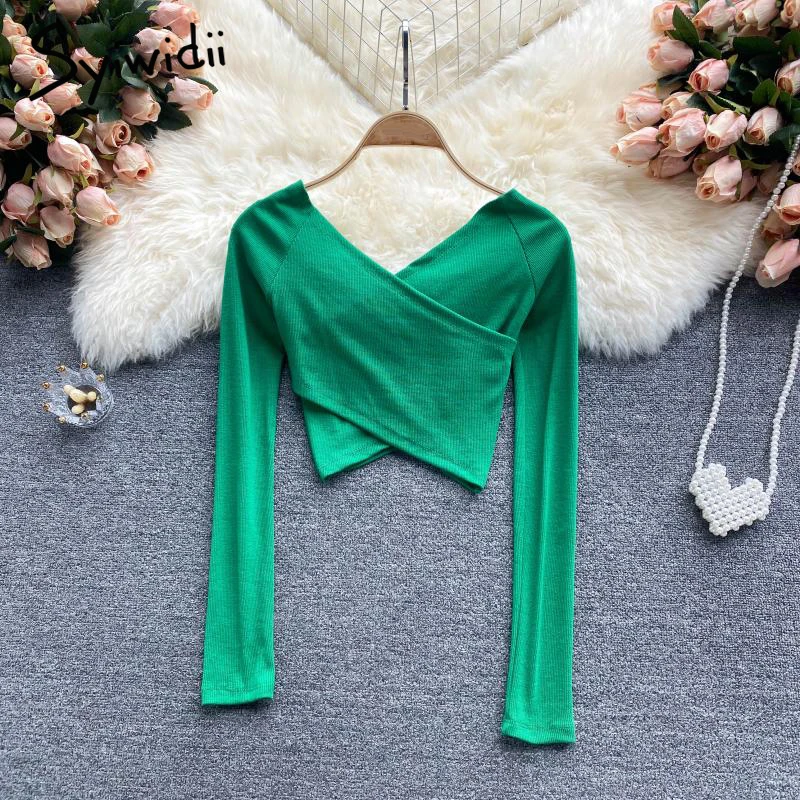 

Syiwidii Long Sleeve T Shirts for Women Fall 2021 Korean New Sexy V Neck Crop Top Streetwear Slim Short Tees Green Purple White