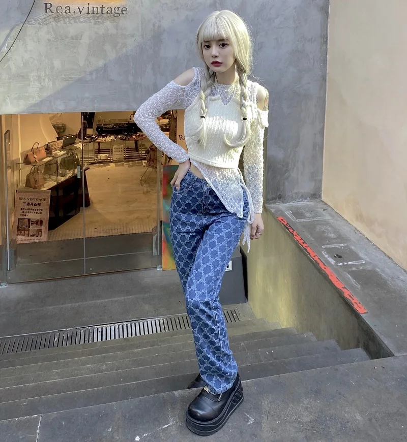 

Женские прямые брюки с широкими штанинами, джинсы с высокой талией и принтом в уличном стиле на осень