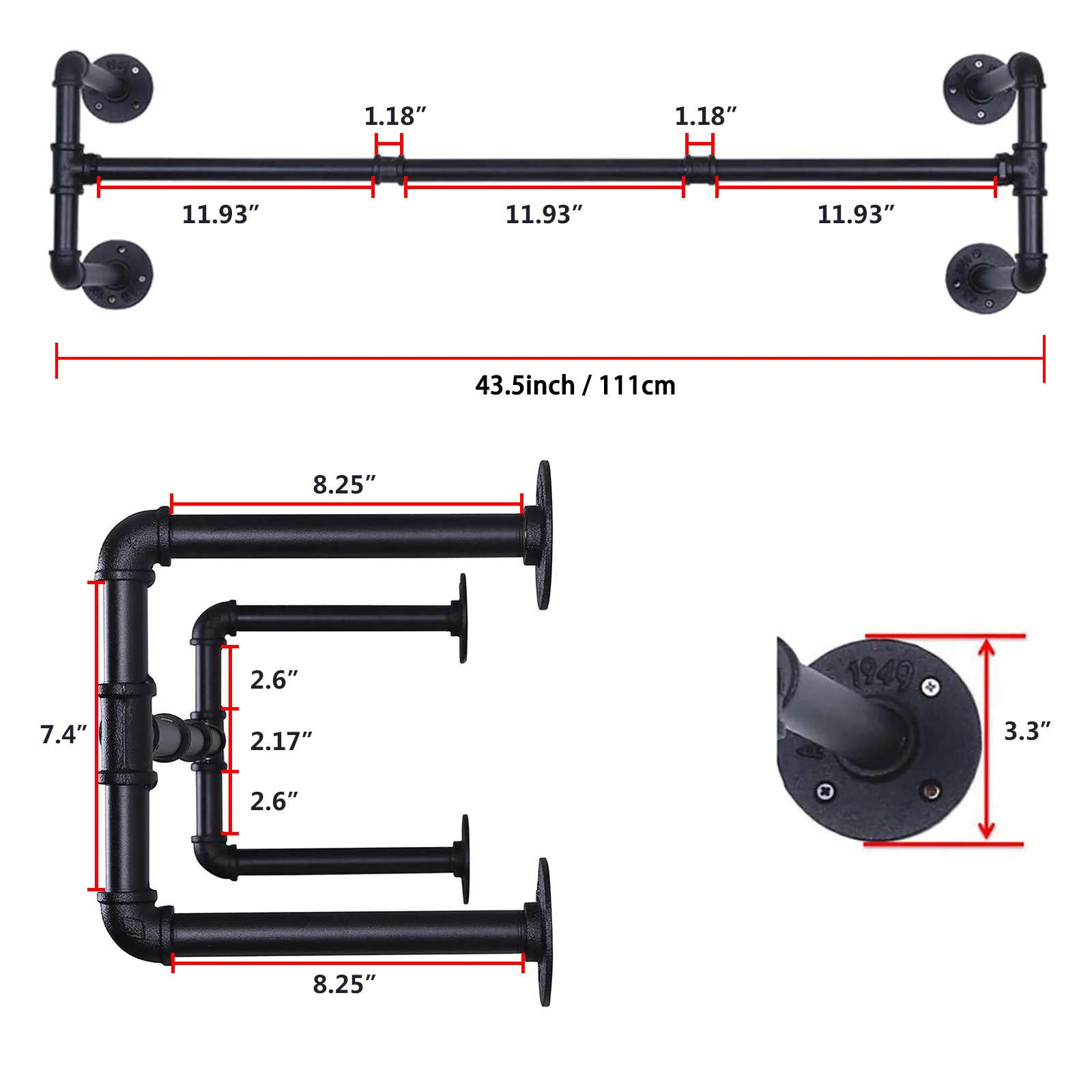 

97cm/111cm Industrial Pipe Clothing Rack Wall mounted Clothes Rail Hanging Display Rack