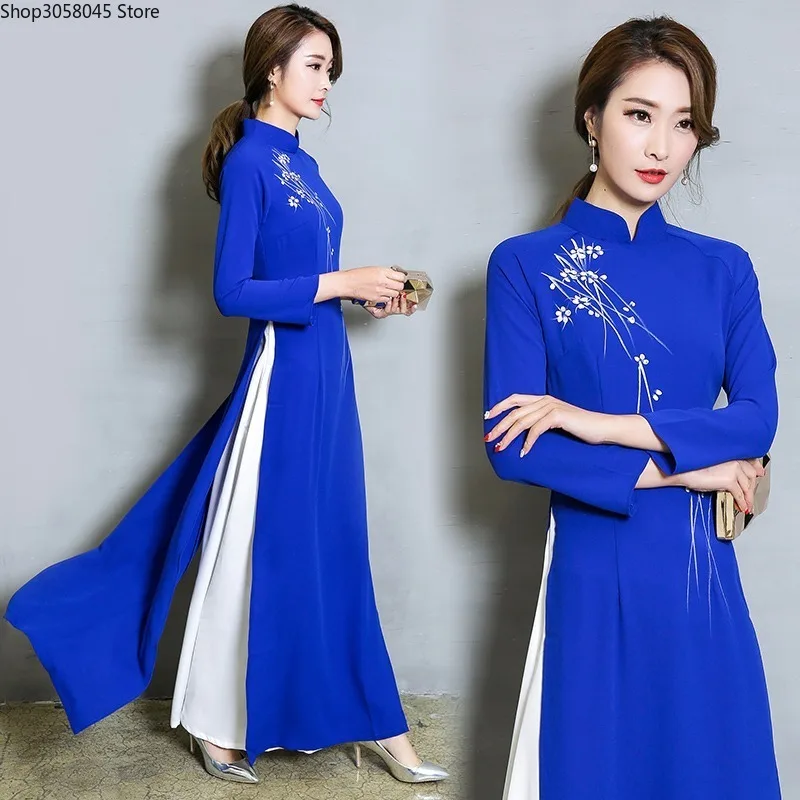 Vietnam Ao Dai Patchwork Tight Dress for Woman Chinese Traditional Costumes Qipao Cheongsams Flower Female Oriental Outfits |