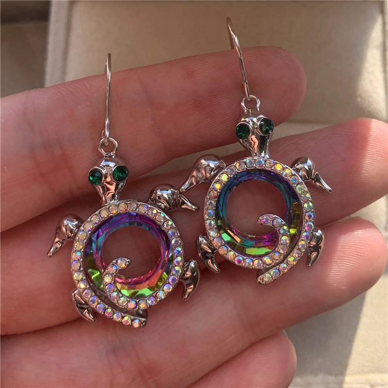 

Luxury Female Rainbow Zircon Drop Earrings Silver Color Wedding Earrings Charm Crystal Turtle Dangle Earrings For Women