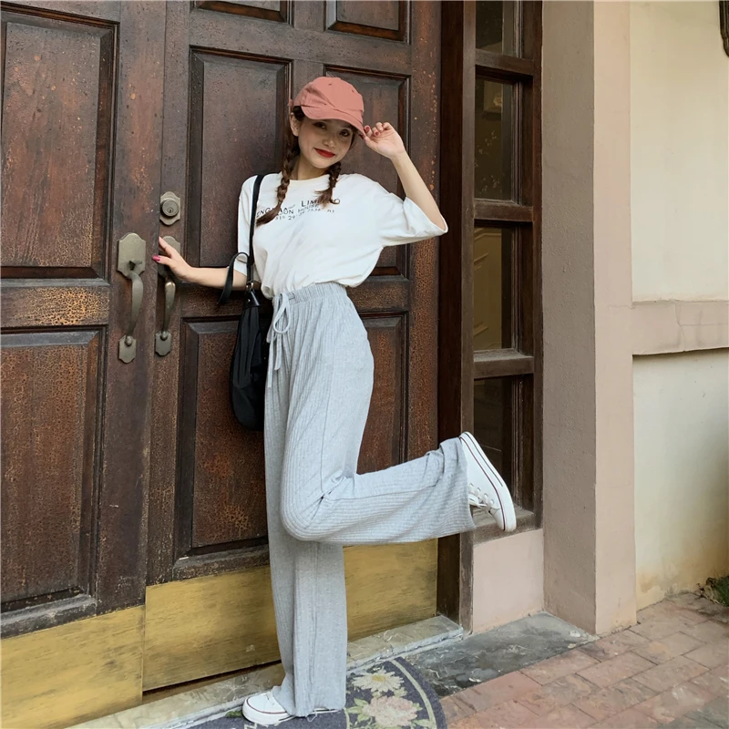 

Slacks Women's Loose Summer Pants Soft Ice Silk Ankle-Length Black Wide Leg Pants Grey Khaki Women High Waisted Trousers