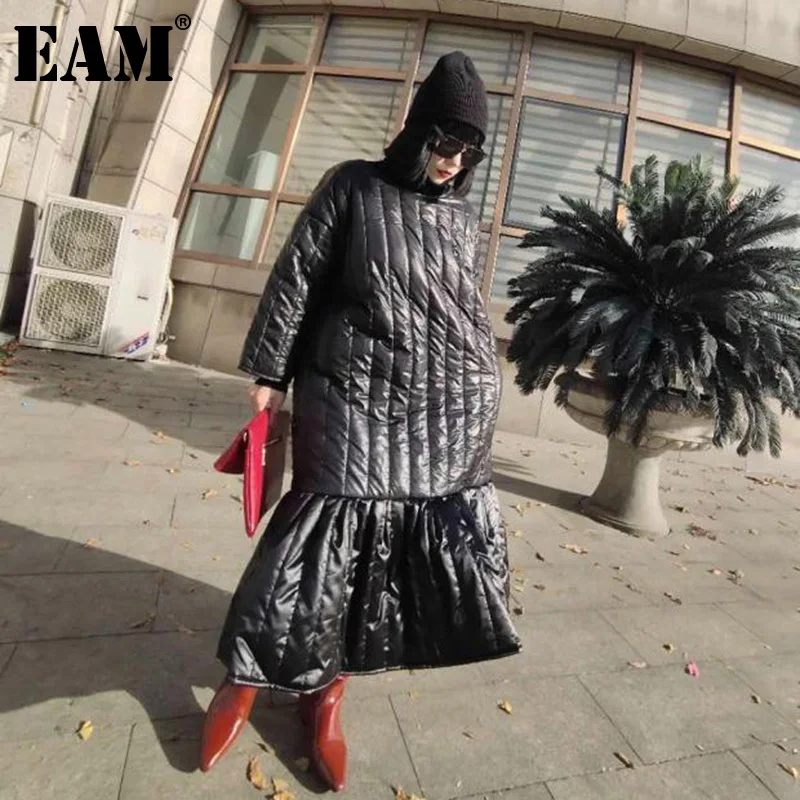 

[EAM] Women Black Big Size Cotton-padded Fishtail Long Dress New Round Neck Long Sleeve Loose Fashion Autumn Winter 2021 1DD1139