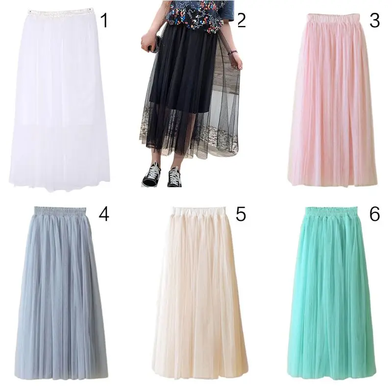 

80CM Womens High Waist Three Layer Sheer Mesh Pleated Tulle Midi Long Tutu Skirt Sweet Solid Candy Color Drape Swing Loose Dress