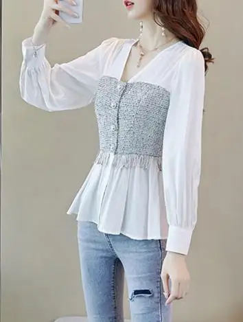 

Plus size Solid White Long Sleeve Shirt Fashion Office Lady Tops Korean Style Women Spliced Chiffon Blouse V-neck Feminina shirt