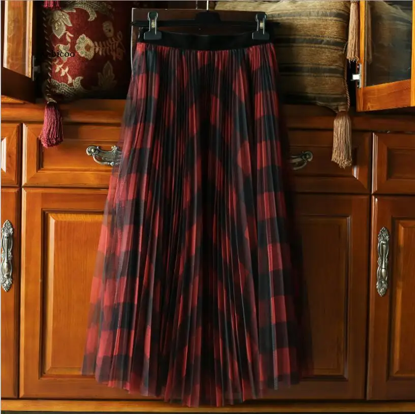 Зеленый Красный Длинные клетчатая юбка-пачка для женщин модные летние