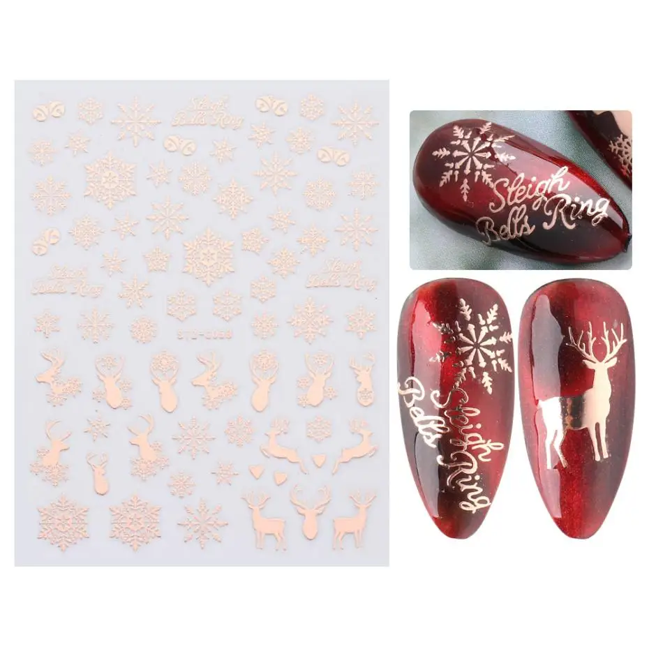 

5D Nail Stickers Shiny Rose Gold christmas Design Nail Polish Sliders Holographics Snowflake Nail Art Decor Decals