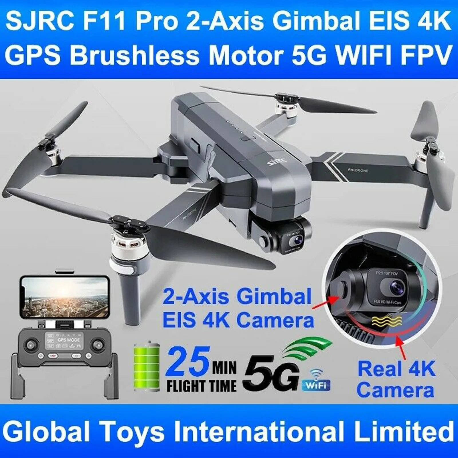 SJRC F11 PRO 4K GPS Дрон с бесщеточным Мотором Gps 5g Wi Fi FPV HD Камера двухосевой Anti Shake Gimbal