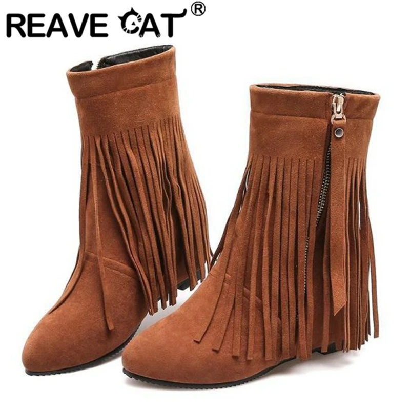 

REAVE CAT Mid-Calf Boots Ladies Pointed Toe Increasted Heels Flock Zipper Tassel Large Size 33-43 Black Red Apricot Winter S2749