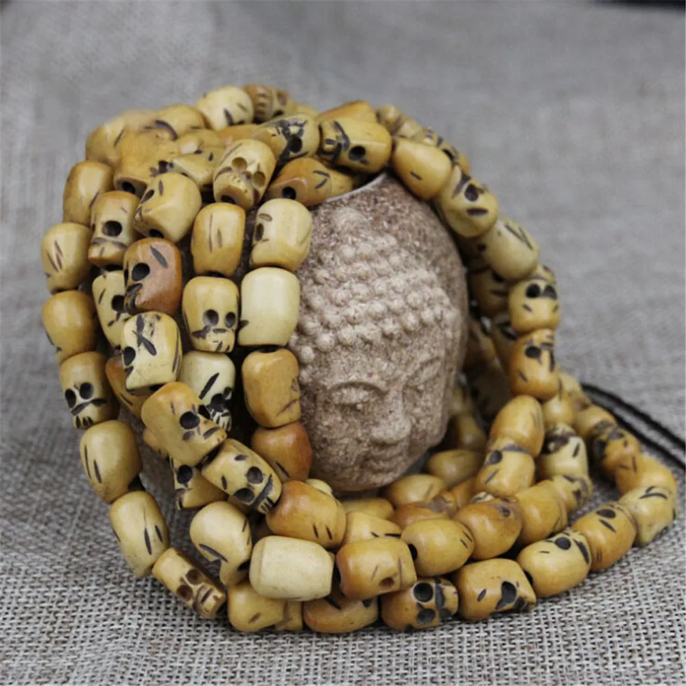 

Natural Retro Yak Bone Buddha Beads Hand Carved Skull 108 Beads Mala Bracelets Beads DIY Accessories Bone Carving Men Jewelry