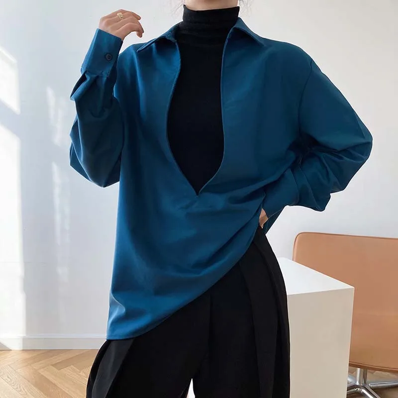 

Women's Elegant Blouse 2021 Spring Deep V-neck Office Ladies Black White Shirt Female Loose Long Sleeve Solid Blouse for Women
