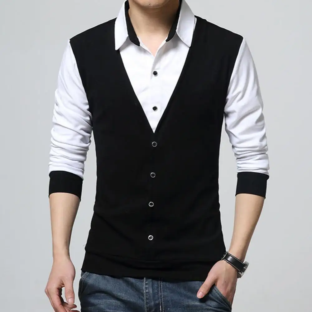 

Fake Two Piece Trendy Slim Turn-Down Collar Pullover Shirt Soft Texture Business Shirt Simple for School