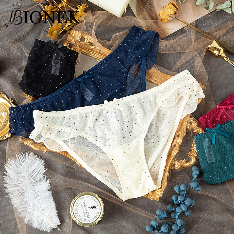 

BIONEK Women's Sexy Wave Point Underwear Breathable Wood Ear Low Waist Ladies Tripping Panties Transparent Mesh Underwear
