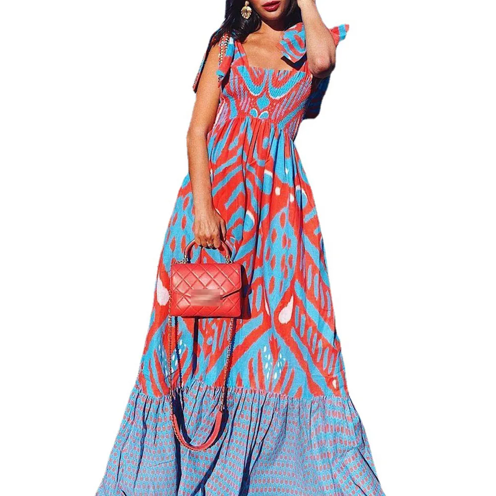 

Summer 2021 Women Printing Lace High Waist Swing Vacation Europe America Fashion Temperament Swing Bow Sleeveless