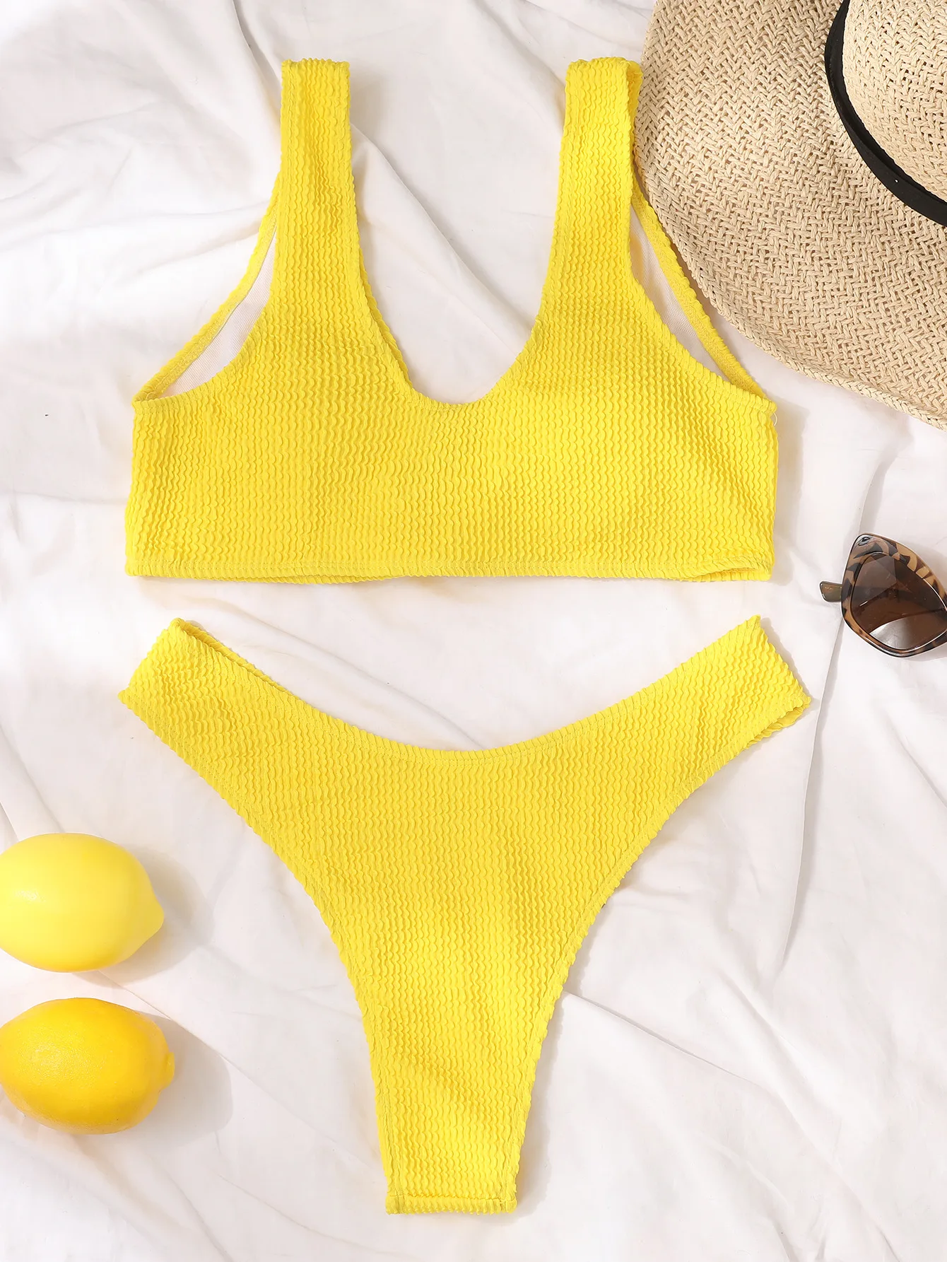 

High Waist Bikini Swimsuit Women 2021 Bow Push Up Swimwear Yellow Bikini Ribbed Bathing Suit Brazilian Biquini Summer Beachwear