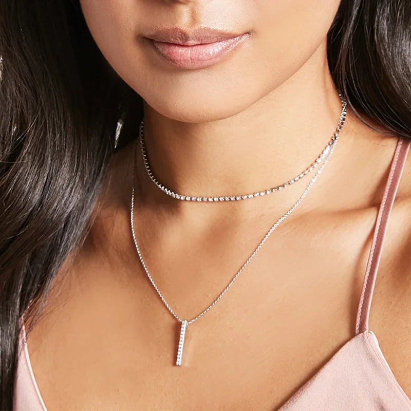 

Fashion New Exquisite Crystal Metal Stick Necklace Pendant Gold Silver Double Layer Clavicle Chain Choker Necklaces for Women