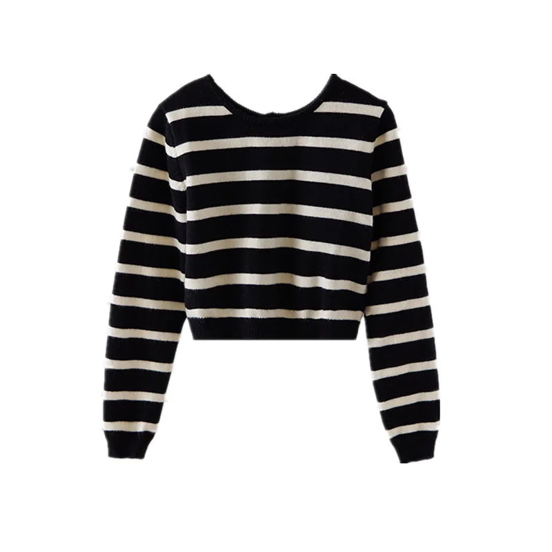 

Womens Knitted Cardigan Sweater 2021 Fashion Crop Tops Stripes Long Sleeve Sexy Streetwear Casual Korean Japanese Lady Clothes