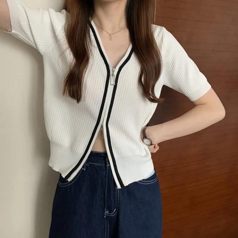 

Summer V-neck color matching double zipper short knit cardigan women's slim short-sleeved jacket tops tide dress for women