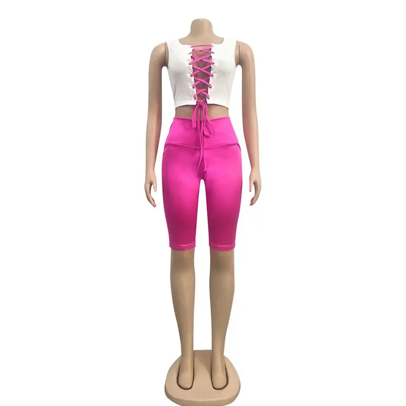 

ZKYZWX 2 Piece Set Women New Fashion Summer Clothes Lace Up Crop Top and Biker Shorts Two Piece Matching Sets Sexy Club Outfits